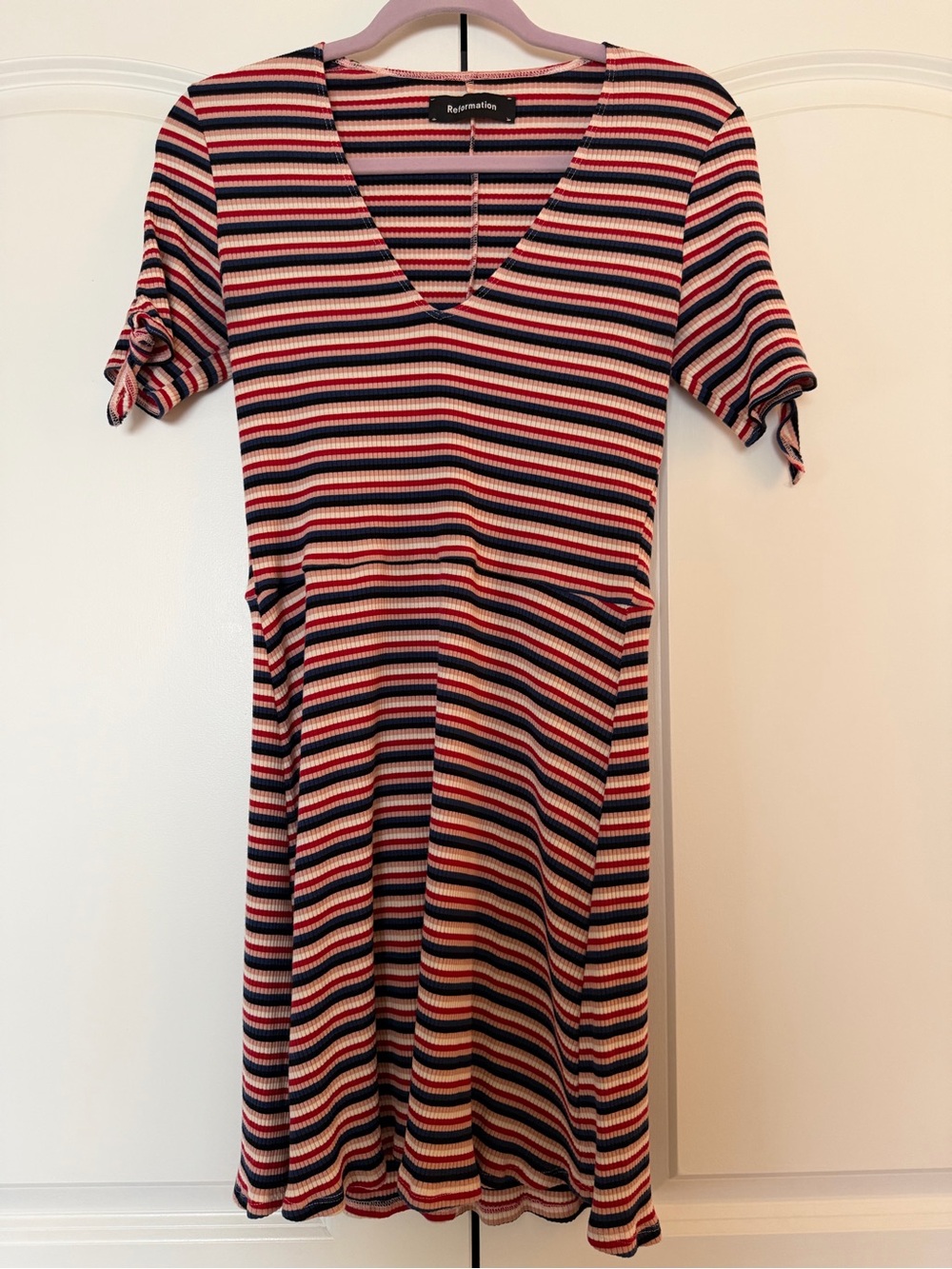 Reformation Striped V-Neck Knit Dress in Red, Navy & Cream
